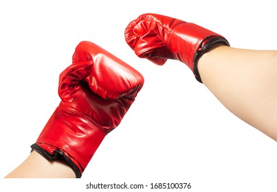 Isolated photo of male hands in red boxing gloves punching pose on white background first person view.