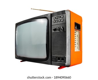 Isolated Photo Of An Old Black And Orange Colored Soviet Tv Set Side View On White Background.