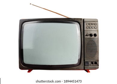 Isolated photo of an old black and orange colored soviet tv set on white background.