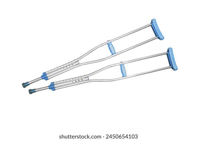 Isolated picture of a pair of metal crutches on white background, medical healthcare tools and equipment for led related injured people.