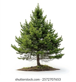 Isolated pine tree on a small mound of earth, photographed against a white background. The evergreen displays full, healthy branches and a classic triangular shape typical of pine species