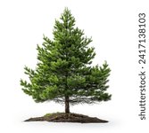 Isolated Pine Tree on White Background,  Lone pine tree with visible roots isolated on a white background, symbolizing growth and natural beauty.