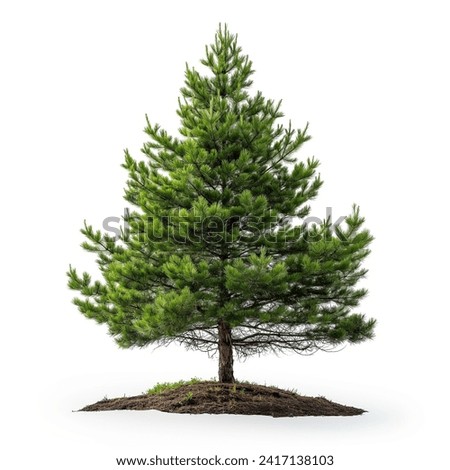 Isolated Pine Tree on White Background,  Lone pine tree with visible roots isolated on a white background, symbolizing growth and natural beauty.