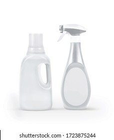 Isolated Plain Gray And White Plastic Trigger Spray Bottle Mockup For Cleaning Products. Plastic Bottle For Liquid Laundry Detergent, Cleaning Agent, Bleach Or Fabric Softener. 