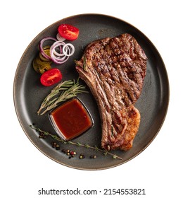 Isolated Plate Of Grilled Beef Steak Bone On White Background