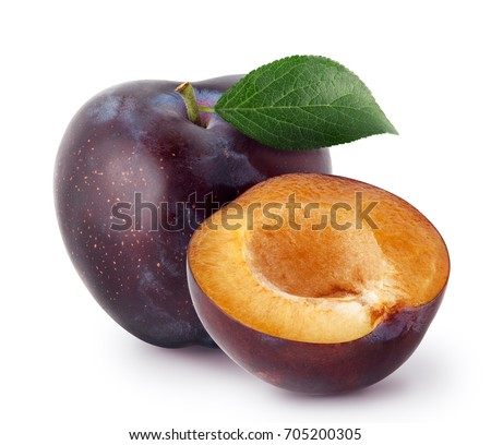 Isolated plums. Whole and a half of blue plum fruit isolated on white background, with clipping path
