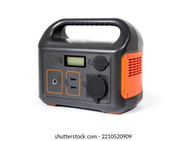 Isolated portable power station. Portable power supply battery to use for camping, fishing, hunting or during power outages. Selective focus.