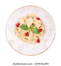 Isolated Portion Of Farfalle Chicken Alfredo Pasta