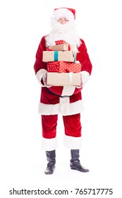 Isolated Portrait Of Santa Claus Holding Heap Of Christmas Gift Boxes