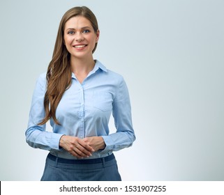 isolated portrait of smiling business woman in blue office shirt. 