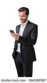 Isolated portrait of smiling young businessman using smartphone. Concept of communication and internet - Shutterstock ID 1845589387