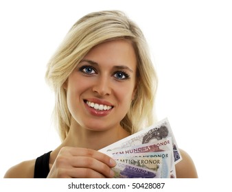 Isolated Portrait Of A Swedish Girl Holding Swedish Bills.