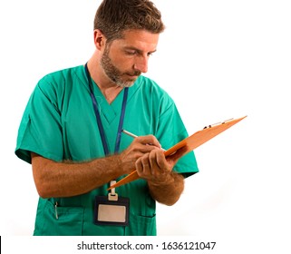 Isolated Portrait Of Young Attractive And Busy Medicine Doctor Or Nurse Man Holding Clipboard Medical Paperwork On White Background In Health Care And Hospital Attendant Lifestyle Concept