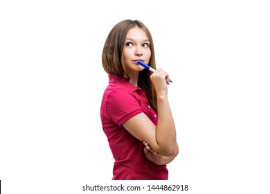 Isolated Portrait Of Young Caucasian Woman With Long Fair Hair Wearing Pink Polo Shirt, Holding Marker And Thinking. Concept Of Planning