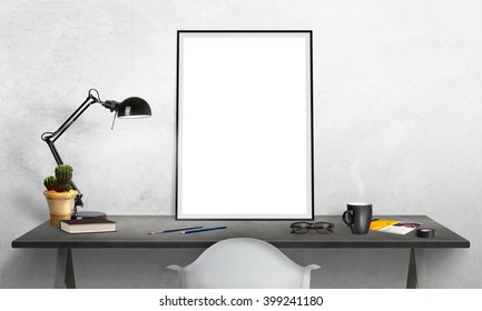 Isolated Poster Frame On Office Desk For Mockup. Lamp, Cactus, Pencils, Glasses, Book, Cup Of Coffee On Table.