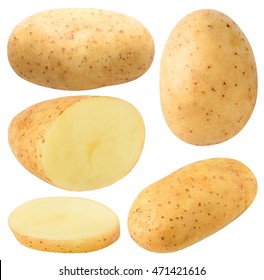 Isolated Potatoes. Collection Of Whole And Cut Potatoes Isolated On White Background With Clipping Path