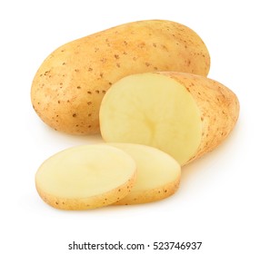 Isolated potatoes. Cut raw potato vegetables isolated on white background with clipping path