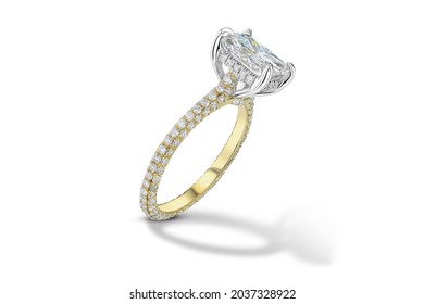 Isolated Princess Cut Diamond Engagement Ring with Diamond Under Halo and Three Row Diamond Pave on a White Background in Two Tone White and Yellow Gold Metal. With Drop Shadow
