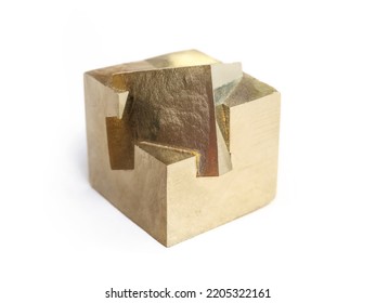 Isolated Pyrite Cube From Navajun, Spain. Golden Geometric Cubes Mineral Or Gemstone Also Known As Fool's Gold. Used For It's Physical, Mental And Emotional Healing Properties. Selective Focus.