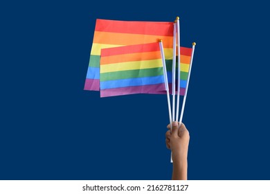 Isolated rainbow flags holding in hand with clipping paths.