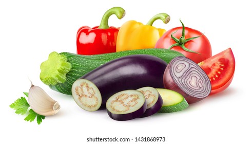 Isolated ratatouille ingredients. Raw cut vegetables (zucchini, eggplant, tomato, onion, pepper, garlic) isolated on white background with clipping path