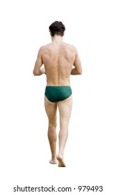 Isolated rear image of a swimmer walking.