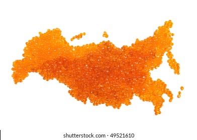 Isolated Red Caviar Lined In The Form Of Russia. Map Of Russia Made From Red Caviar On White Background