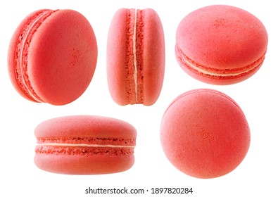 Isolated Red Macarons Collection. Strawberry Or Raspberry Macaroon At Different Angles Isolated On White Background