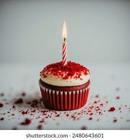 Isolated red velvet cupcake with butter cream and birthday candle, on a white background - Powered by Shutterstock