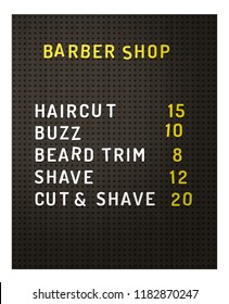 Isolated Retro Vintage Black Peg Board At A Barber Shop With Prices On A White Background