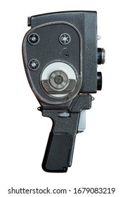 An Isolated Retro Vintage Hand Held Super 8 Film Camera On A White Background