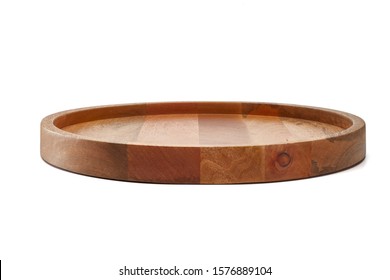 Isolated Round Light Brown Wooden Serving Tray Side View On White Background