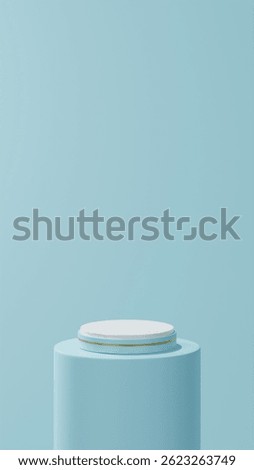 isolated rounded celeste podium with gold strip place over rounded celeste tube, celeste background