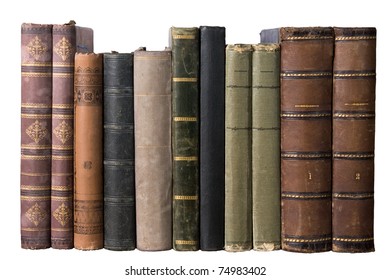 isolated row of antique books on white background
