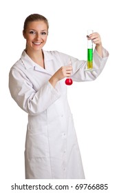 Isolated Scientist Woman In Lab Coat With Chemical Glassware