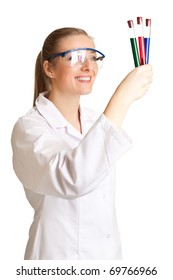 Isolated Scientist Woman In Lab Coat With Chemical Glassware