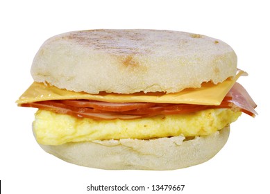 Isolated Scrambled Egg Cheese And Ham On An English Muffin With A White Background