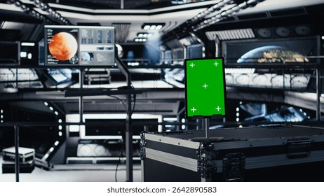 Isolated screen tablet inside spacecraft next to nearby monitor displaying Mars dashboard system telemetry. Chroma key device used for navigation to red planet during orbital mission