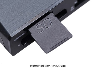 Isolated Sd Card In Card Reader On White Background