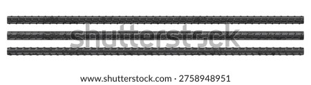 Isolated Set of Three Horizontal Dark Grey Steel Rebar Rods. 3D Rendering