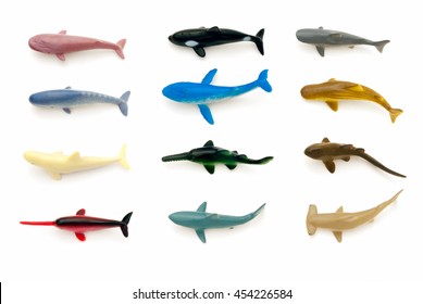 An isolated set of twelve toy sea big creatures,