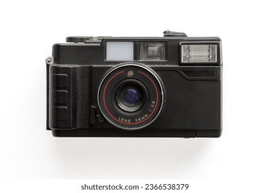 An isolated shot of an old unbranded analog camera with a 38mm lens.