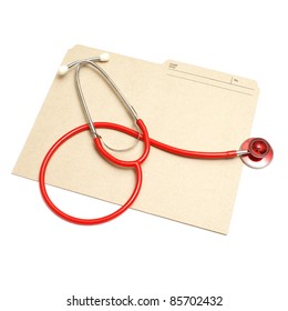 An Isolated Shot Of A Red Stethoscope And Medical Folder.