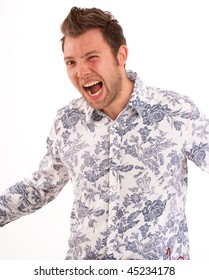 Isolated Shot Of A Young Man In A Flowery Shirt Shouting