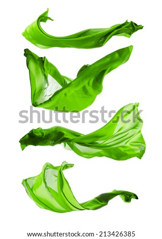 Isolated shots of freeze motion of transparent green silks, isolated on white background