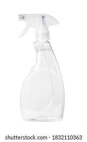 Isolated Side View Of The Clear Spray Bottle With A Clear Liquid Inside With Clipping Path.