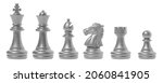 isolated silver chess set chess piece king, queen, bishop, knight horse, rook, pawn on white background. business, competition, strategy, decision concept