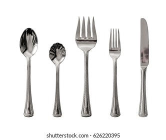 Isolated Silver Spoon, Fork And Knife Utensil On White Background Top View