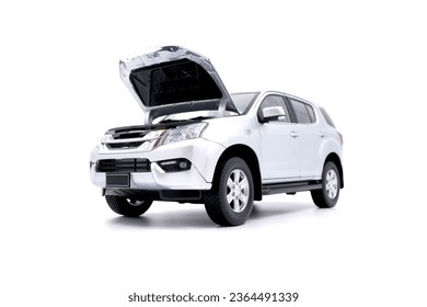 isolated simple and metallic suv car on white background front view with the open hood