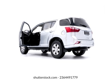 isolated simple and metallic suv car on white background back view with the open back door